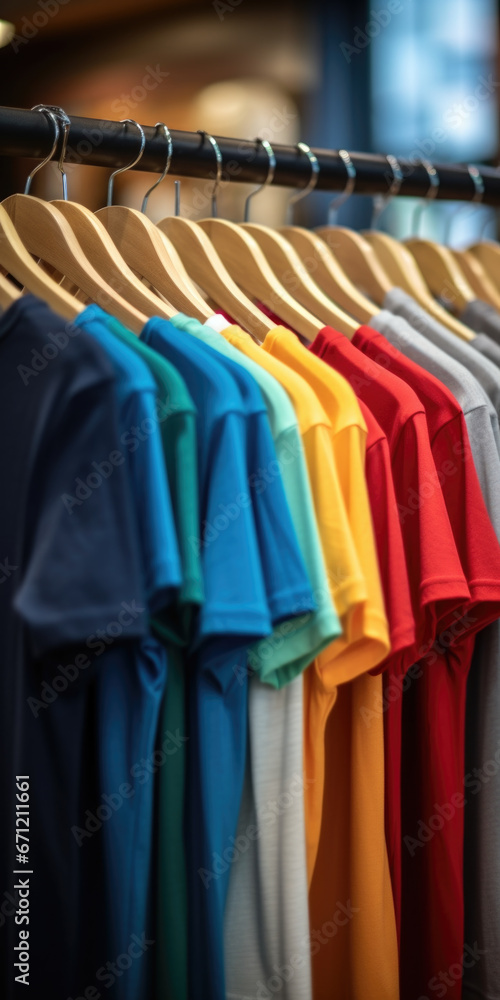 Poster a row of colorful shirts hanging on a rack. this image can be used to showcase a variety of clothing
