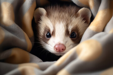 A ferret peeking out of a blanket, focus on the eyes and fur