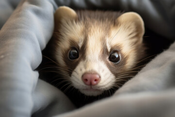 Fototapeta na wymiar A ferret peeking out of a blanket, focus on the eyes and fur
