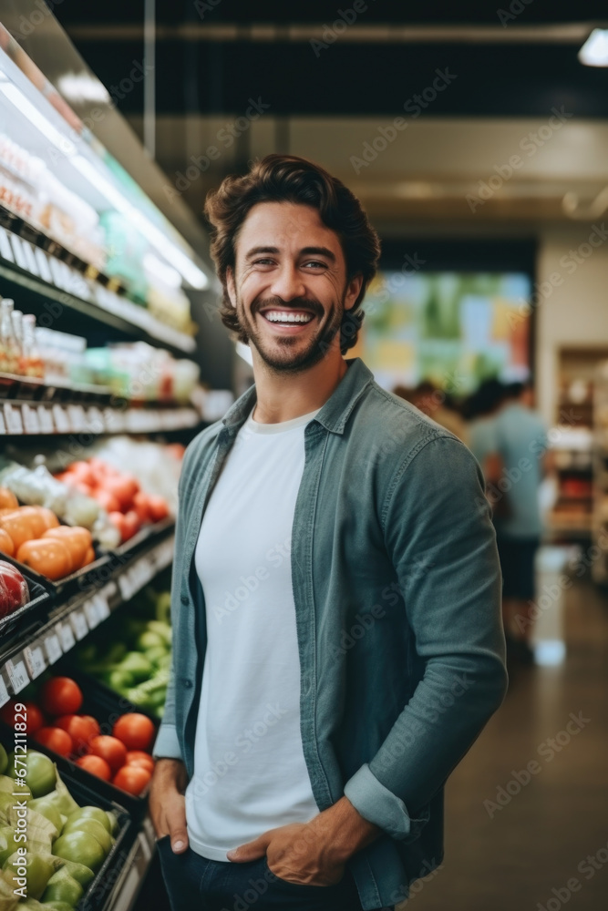 Poster a man standing in front of a produce section in a grocery store. this image can be used to showcase 