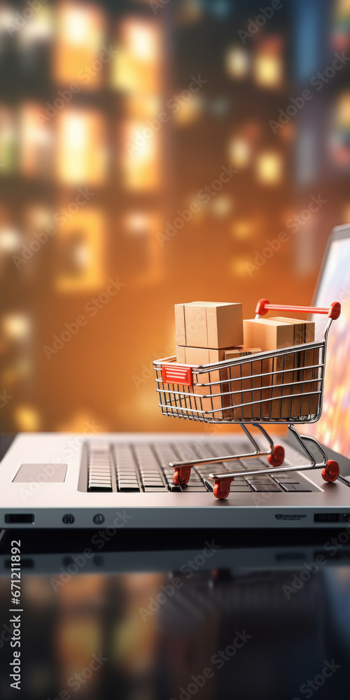 Poster A shopping cart is placed on top of a laptop computer. This image can be used to represent online shopping or e-commerce concepts.