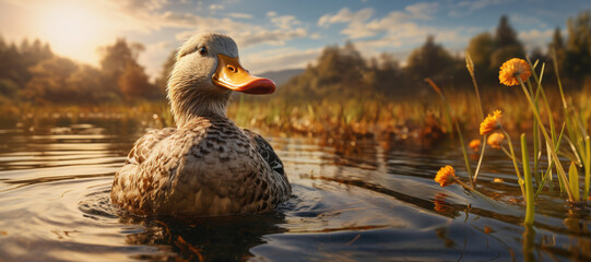 Duck Swimming in Tranquil Pond at Sunset