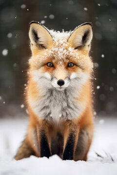A fox in the snow, focus on the fur and contrast. Vertical photo