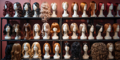 A collection of various wigs neatly arranged on a shelf. Ideal for hair salons, costume parties, or theatrical productions. - obrazy, fototapety, plakaty