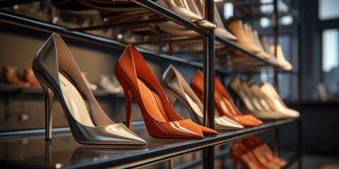 A row of women's shoes displayed neatly on a shelf. Perfect for showcasing different styles and colors of footwear.