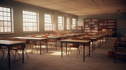 Fototapeta na wymiar serene classroom interior with rows of empty desks and bookshelves for educational concepts