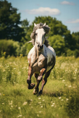A horse galloping in a field, action vertical shot