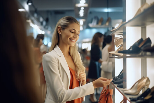 A woman is seen browsing through the selection of shoes in a store. This image can be used to depict shopping, fashion, retail, or consumerism.