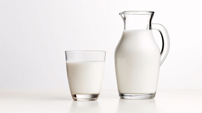 Milk in glass and jug in front of wide white background with copy space