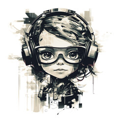 Futuristic Cute Tiny Girl with Flat 2D Illustration in the Style of Deconstructive Imagery Featuring futuristic technology Isolated on a Transparent Background, Illustration and Clip Art for T-shirt
