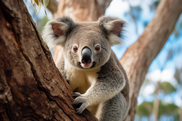 A koala clinging to a tree, focus on the paws and expression