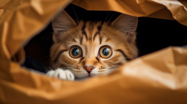 Playful and curious kitten cat looking at the camera from inside of a paper bag, cat hiding inside of a paper bag.