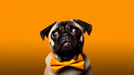Studio shot of a curious and surprised pug dog with bow tie isolated on bright orange background, with copy space.