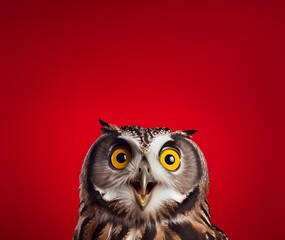 Studio portrait of surprised owl, isolated on red background with copy space.