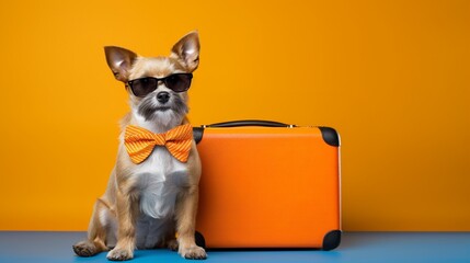 Chilled dog wearing sunglasses with colorful suitcase on orange yellow background, concept of fun...