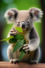 Obraz premium A koala eating eucalyptus leaves, focus on the paws and foliage, vertical photo