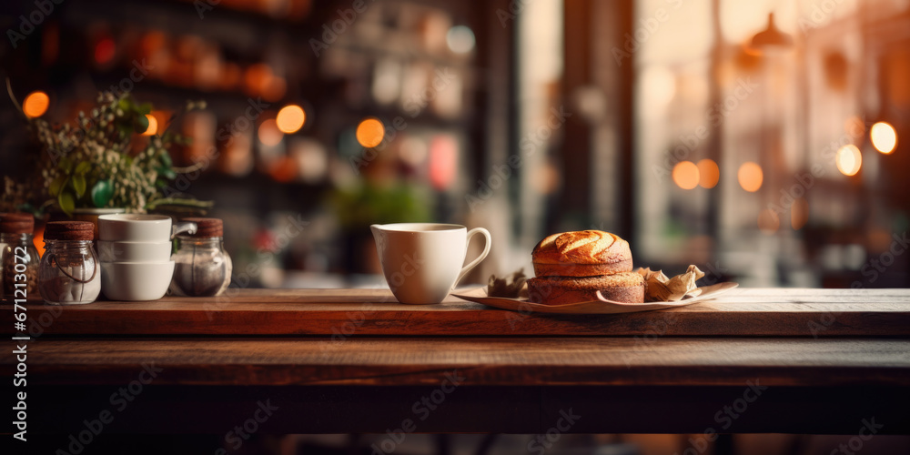 Poster a picture of a table with a plate of food and a cup of coffee. suitable for use in restaurant menus 