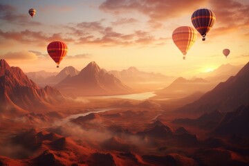Sonnenuntergang über Berglandschaft mit Heißluftballons, Sunset over mountain landscape with hot air balloons - obrazy, fototapety, plakaty