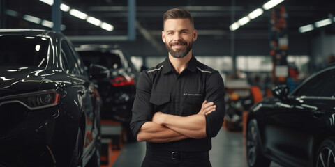 Fototapeta na wymiar A man standing in front of a car in a garage. Perfect for automotive or lifestyle related projects.