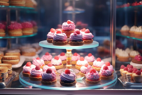 A display case filled with a variety of delicious cupcakes. Perfect for bakery promotions, dessert menus, or sweet treats advertising.