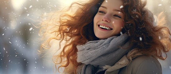 A portrait of a woman during the winter season displaying beauty and joy The happy model girl...