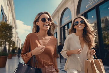 Two women walking down the street carrying shopping bags. Suitable for fashion, consumerism, and urban lifestyle concepts.