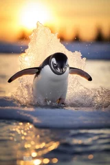 Keuken spatwand met foto A penguin sliding on ice, action vertical shot © Nino Lavrenkova