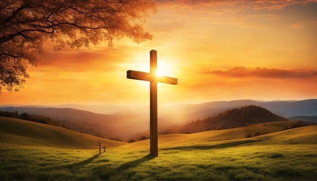 cross and a majestic sunset