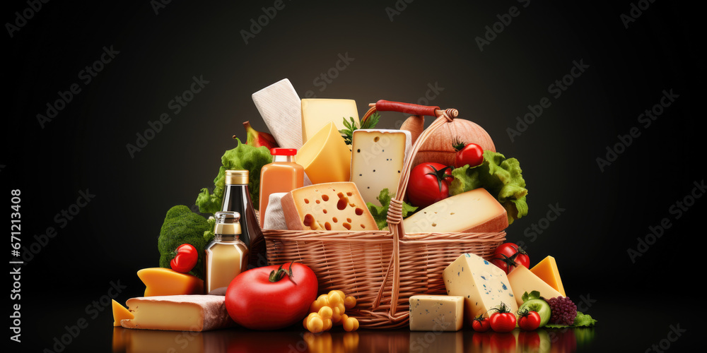 Poster a wicker basket filled with a variety of different types of cheese. perfect for a cheese tasting eve