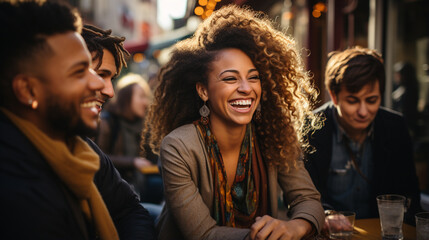 
Group of friends gathered in a bar having fun and spending time together. Male and female coworkers meeting at happy hour. Woman happy and laughing with friends in a restaurant. - obrazy, fototapety, plakaty