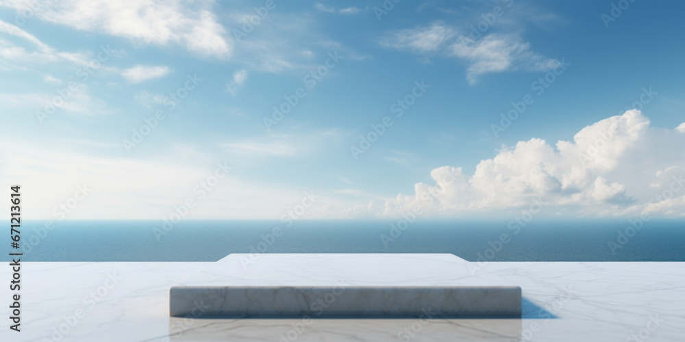 Poster An empty pool with a beautiful view of the ocean. Perfect for travel brochures or vacation websites.