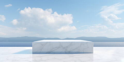 A white marble table placed on top of a white floor. This versatile image can be used to showcase modern interior design, minimalist aesthetics, or elegant home decor.