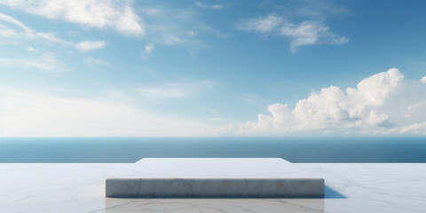 An empty pool with a beautiful view of the ocean. Perfect for travel brochures or vacation websites.