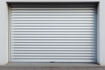 A fire hydrant stands in front of a closed garage door. This image can be used to depict urban infrastructure or safety measures.