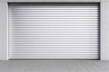 A white garage door with a red fire hydrant in front of it. This image can be used to depict a residential or commercial property with a fire safety feature.