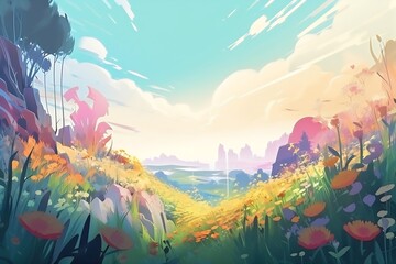 Obraz na płótnie Canvas Fantasy landscape with meadow and flowers. Generative AI.