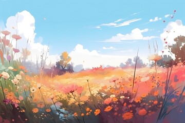 Autumn landscape with colorful flowers. Generative AI.
