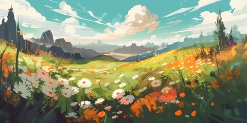 Obraz na płótnie Canvas beautiful meadow with flowers and mountains in the background. Generative AI.