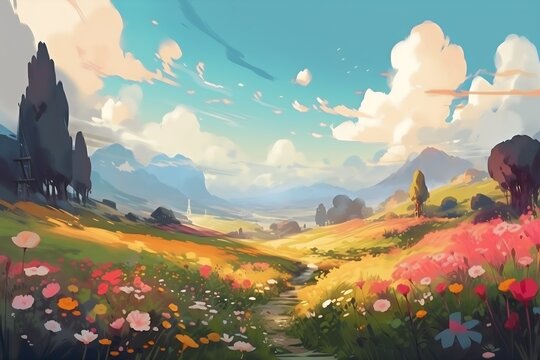 Digital painting of a meadow with colorful flowers and mountains in the background. Generative AI.