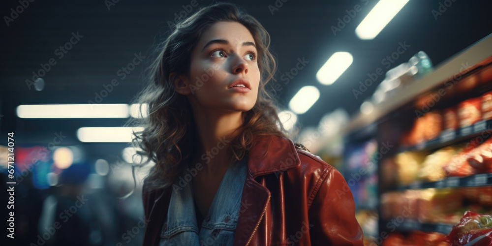 Poster a woman standing in front of a produce section. this image can be used for various purposes.