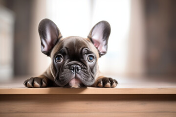 A French Bulldog puppy with a bright-eyed expression, showcasing their youthful curiosity and wonder, creativity with copy space