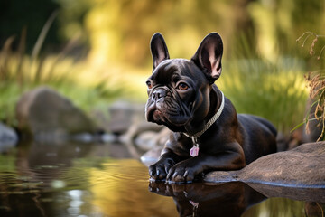 A French Bulldog in a contemplative moment by a tranquil pond, embodying a sense of serenity and reflection, creativity with copy space