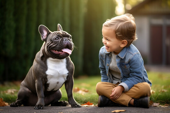 A French Bulldog engaging in a friendly interaction with a child, symbolizing their gentle and kind nature, creativity with copy space