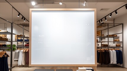 clothing shop entrance with empty billboard, advertisement concept