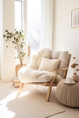 armchair and a green home plant in empty room, minimalist modern living room interior background, scandinavian style, empty wall