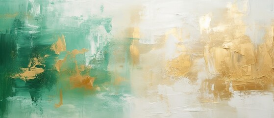 Abstract rough green white gold art painting texture background illustration, with oil brushstroke and pallet knife paint on canvas - obrazy, fototapety, plakaty