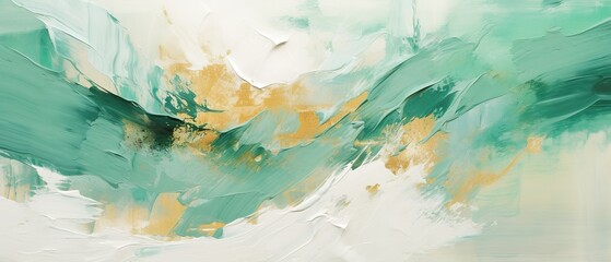 Abstract rough green white gold art painting texture background illustration, with oil brushstroke and pallet knife paint on canvas - obrazy, fototapety, plakaty
