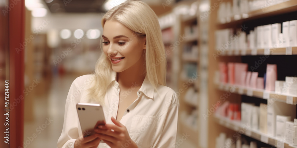 Poster a woman is seen in a store, focused on looking at a cell phone. this image can be used to showcase m