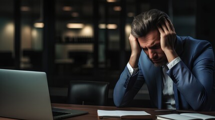 businessman in depression, anxiety and high stress situation. Worries and concerned about company future in crisis situation. Corporate man with mental struggle and psychological issues.