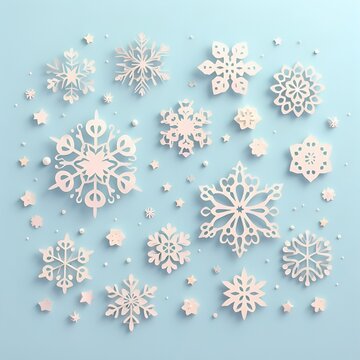 3D paper cut snowflake illustration set Christmas festive imagery 4D design on plain blue background cute pastel color greetings card social media image